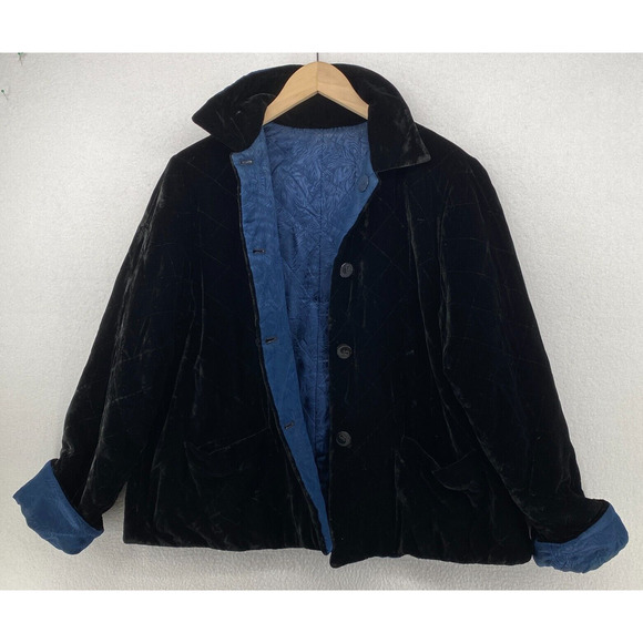 SIMONE CHIN CHIN Jacket M Velvet Silk Quilted Reversible Button Front Black Blue - Picture 4 of 16